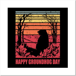 Retro Happy Groundhog Day 2024 Vintage Sunset Funny Holiday Posters and Art